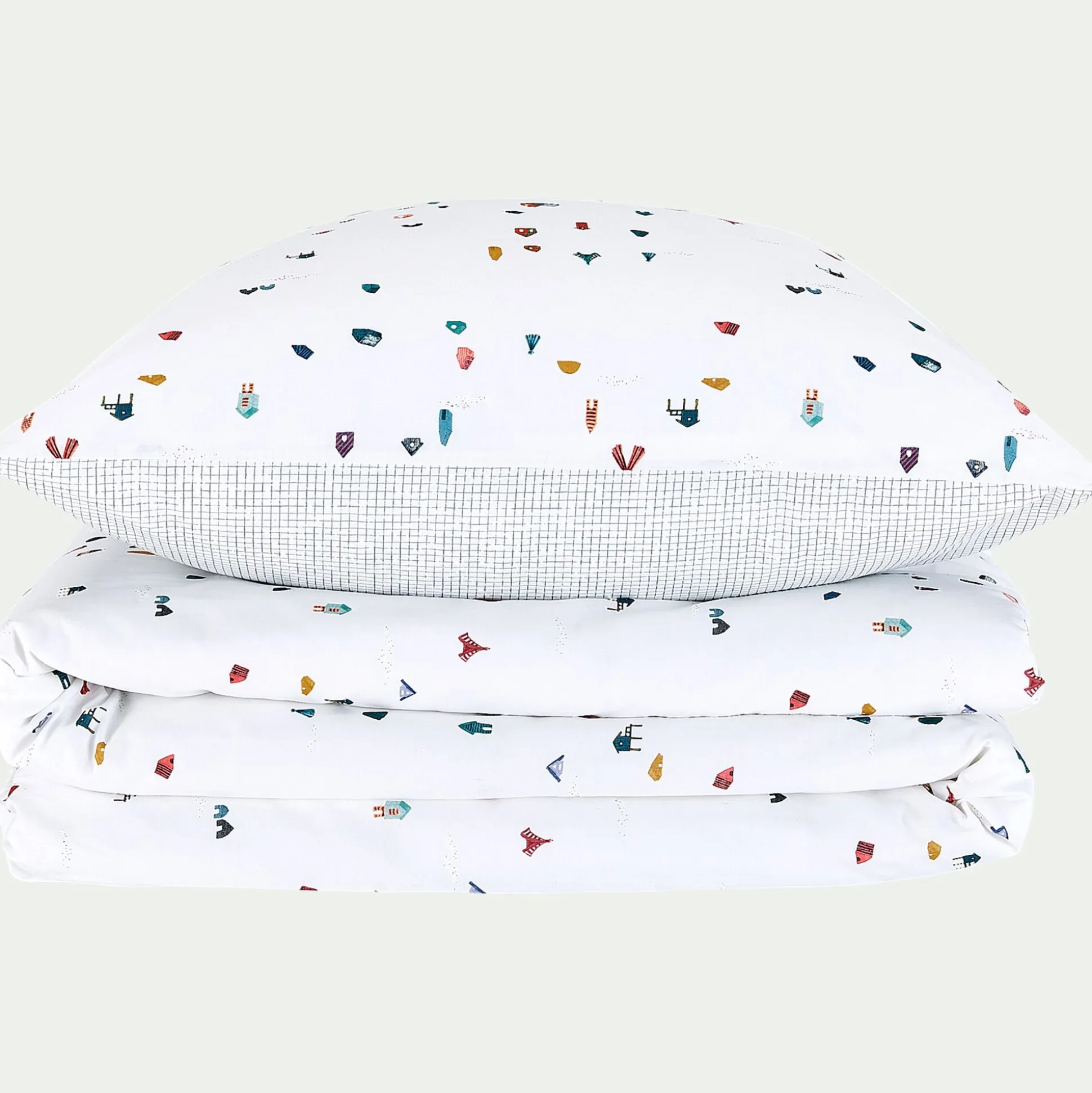 Housse de couette enfant 120x140cm et 1 taie d'oreiller 35x45cm - motifs cabanes