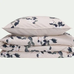 Housse de couette 240x220cm et 2 taies d'oreiller 63x63cm en coton lavé à motif floral - blanc