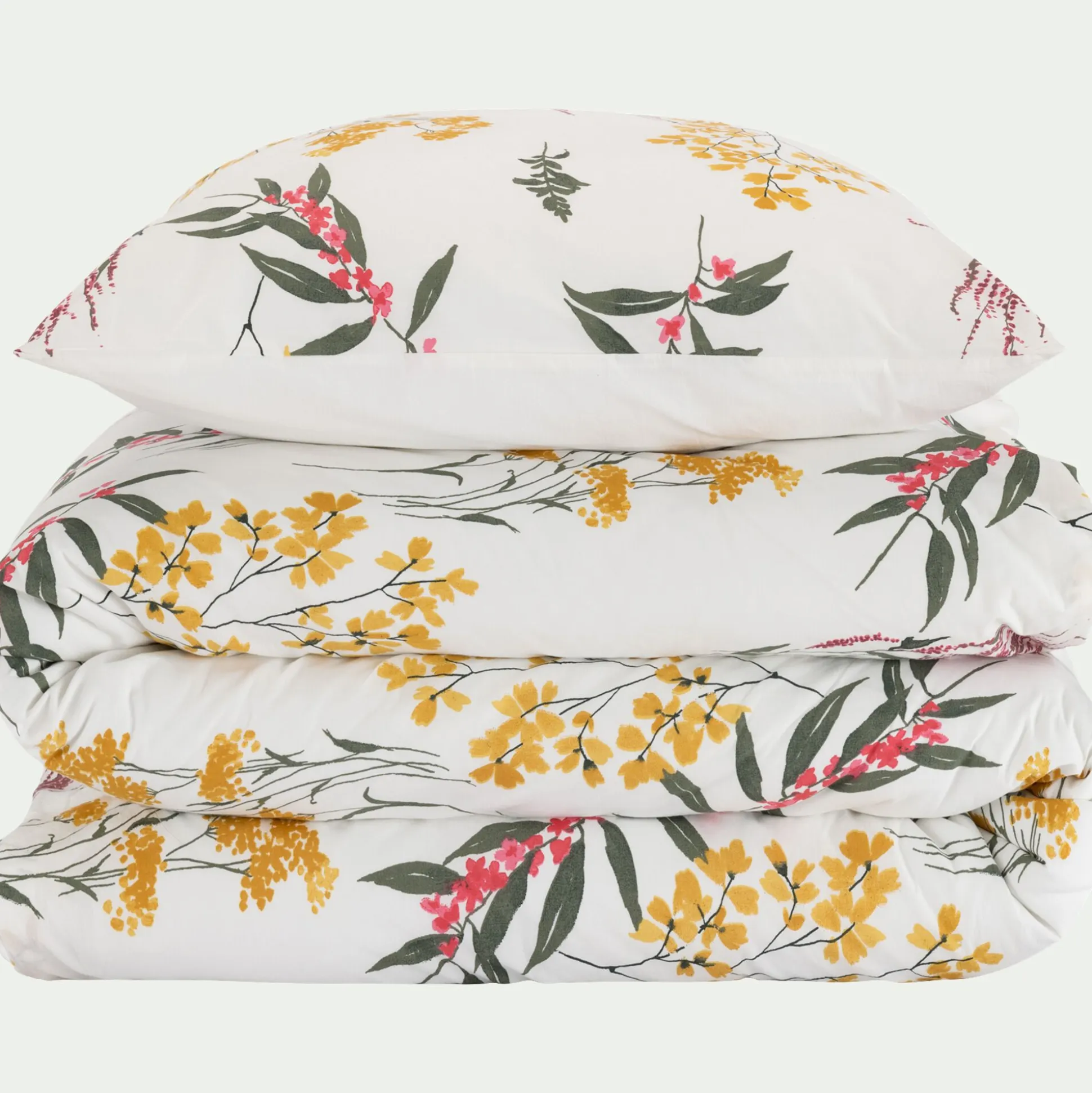 Housse de couette 240x220cm et 2 taies d'oreiller 63x63cm en percale de coton lavé motif floral - jaune