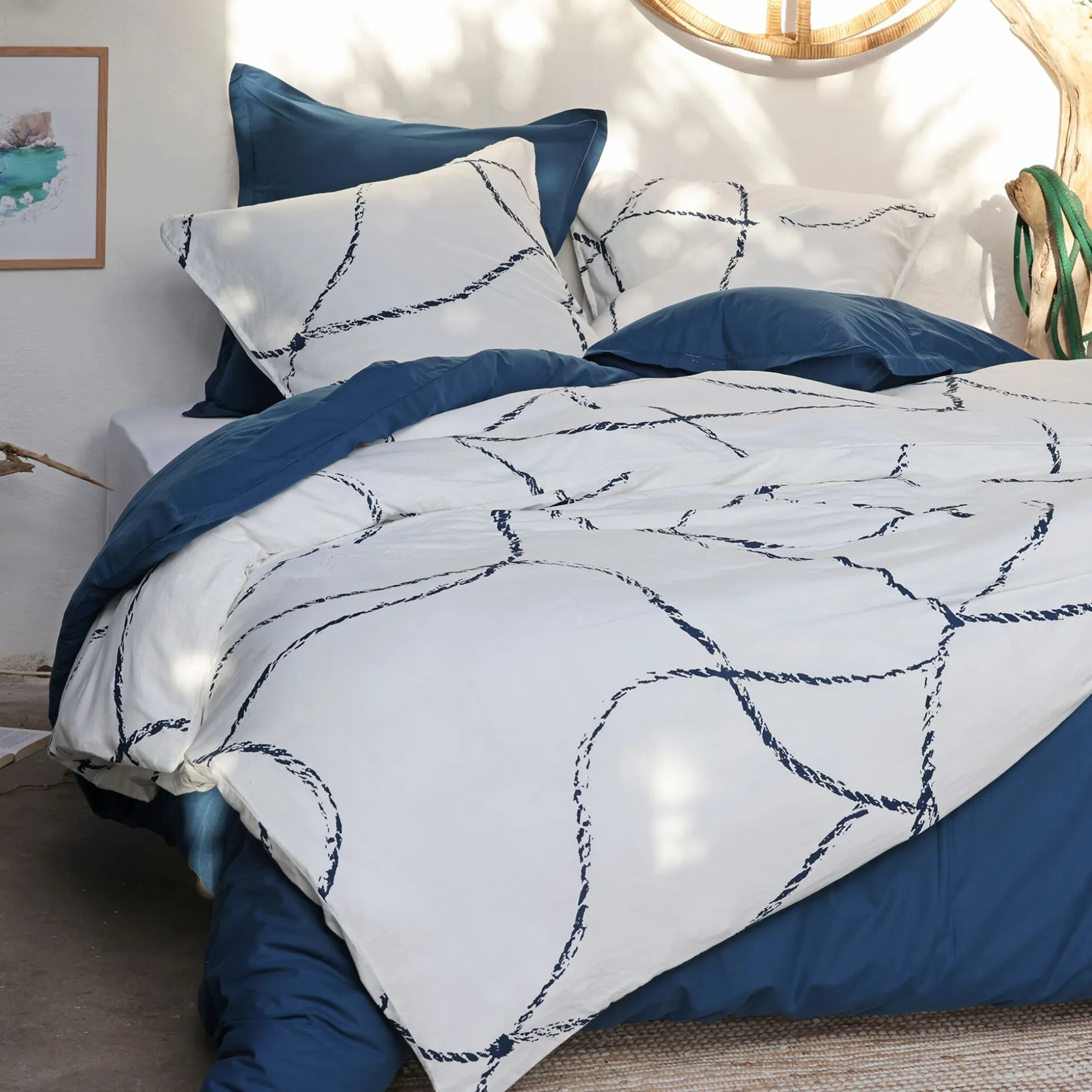 Housse de couette 260x240cm et 2 taies d'oreiller 63x63cm en coton flammé lavé - blanc