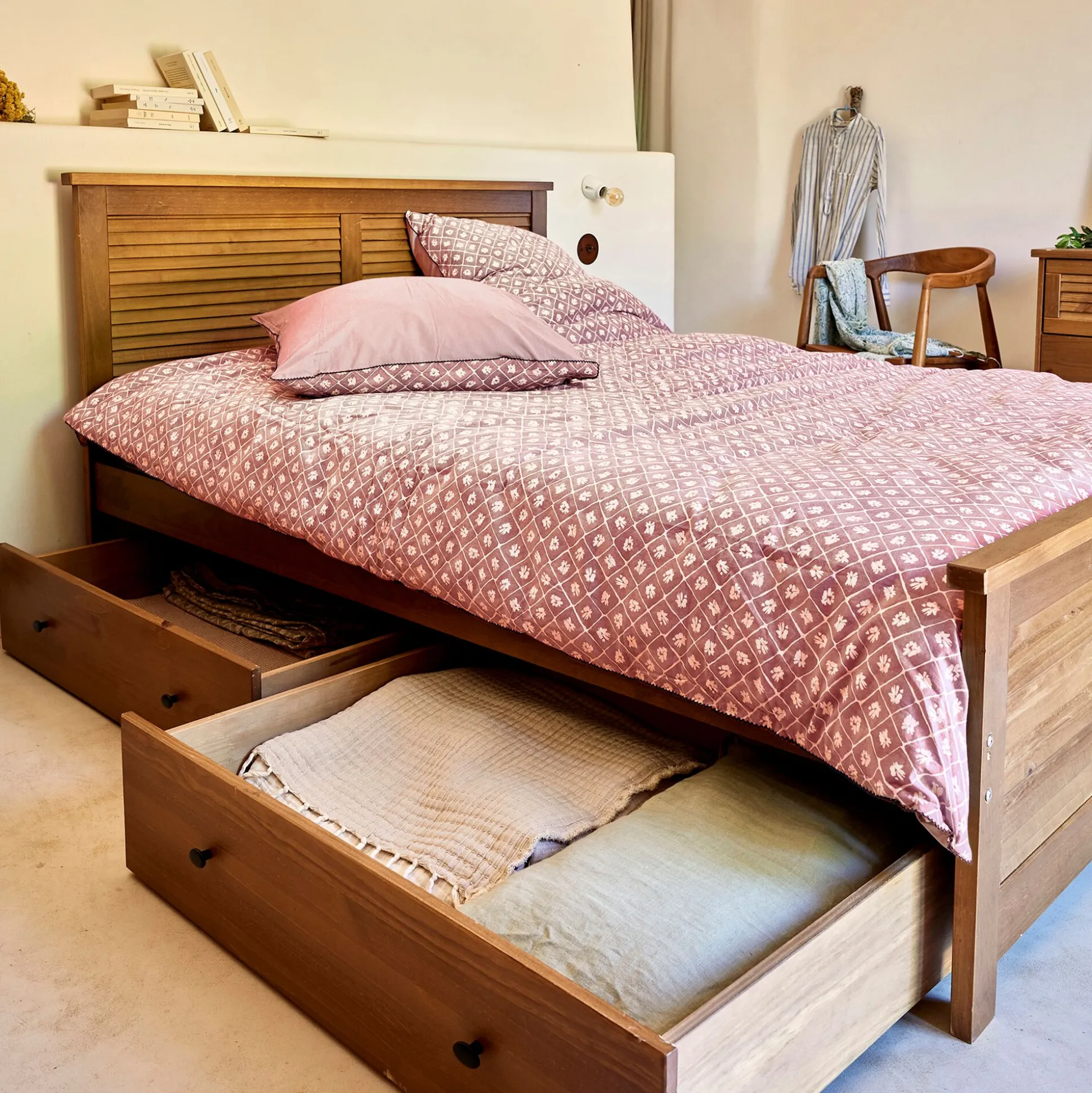 Housse de couette 260x240cm et 2 taies d'oreiller 63x63cm en coton lavé - rose