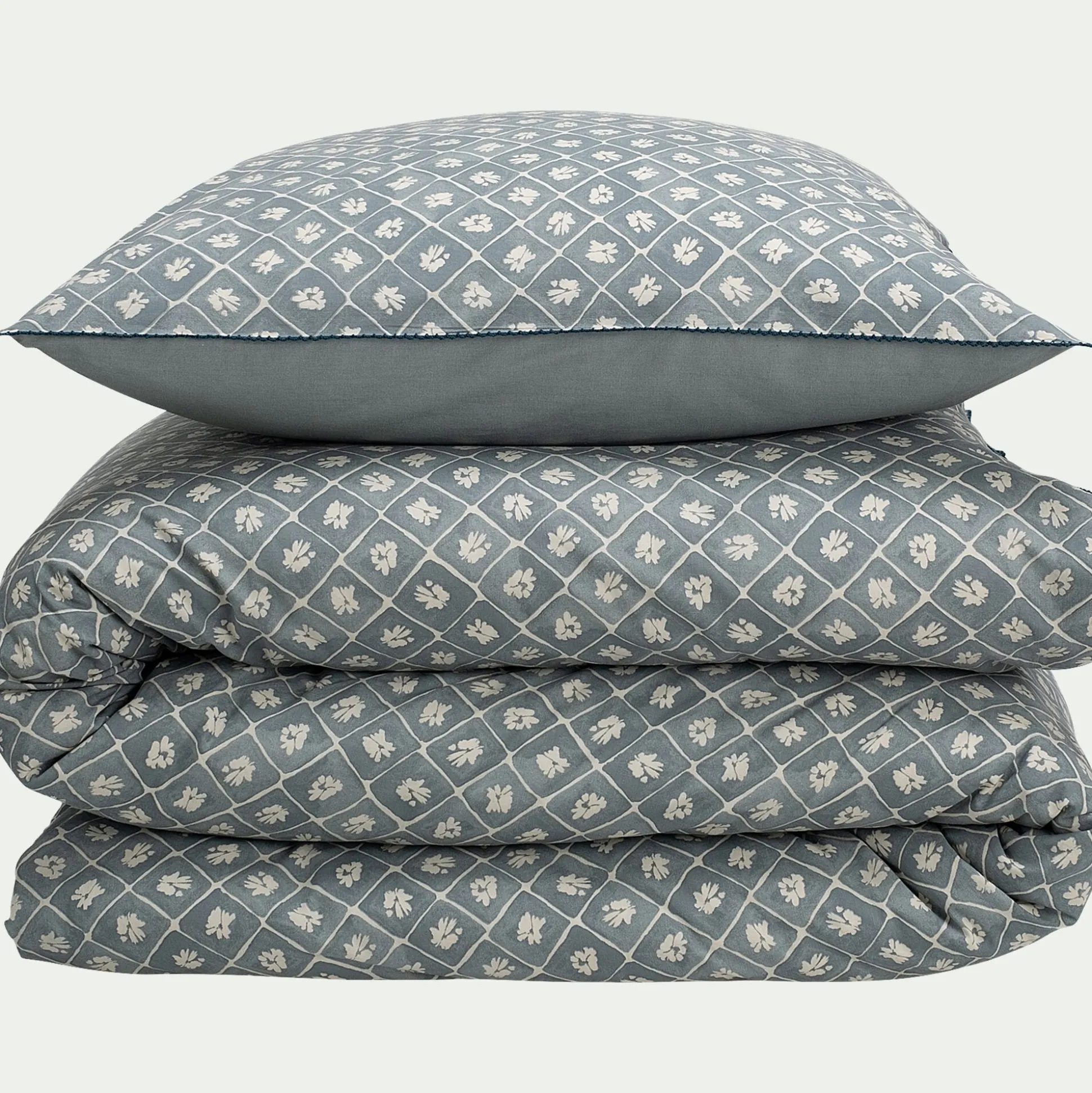 Housse de couette 240x220cm et 2 taies d'oreiller 63x63cm en coton lavé - bleu