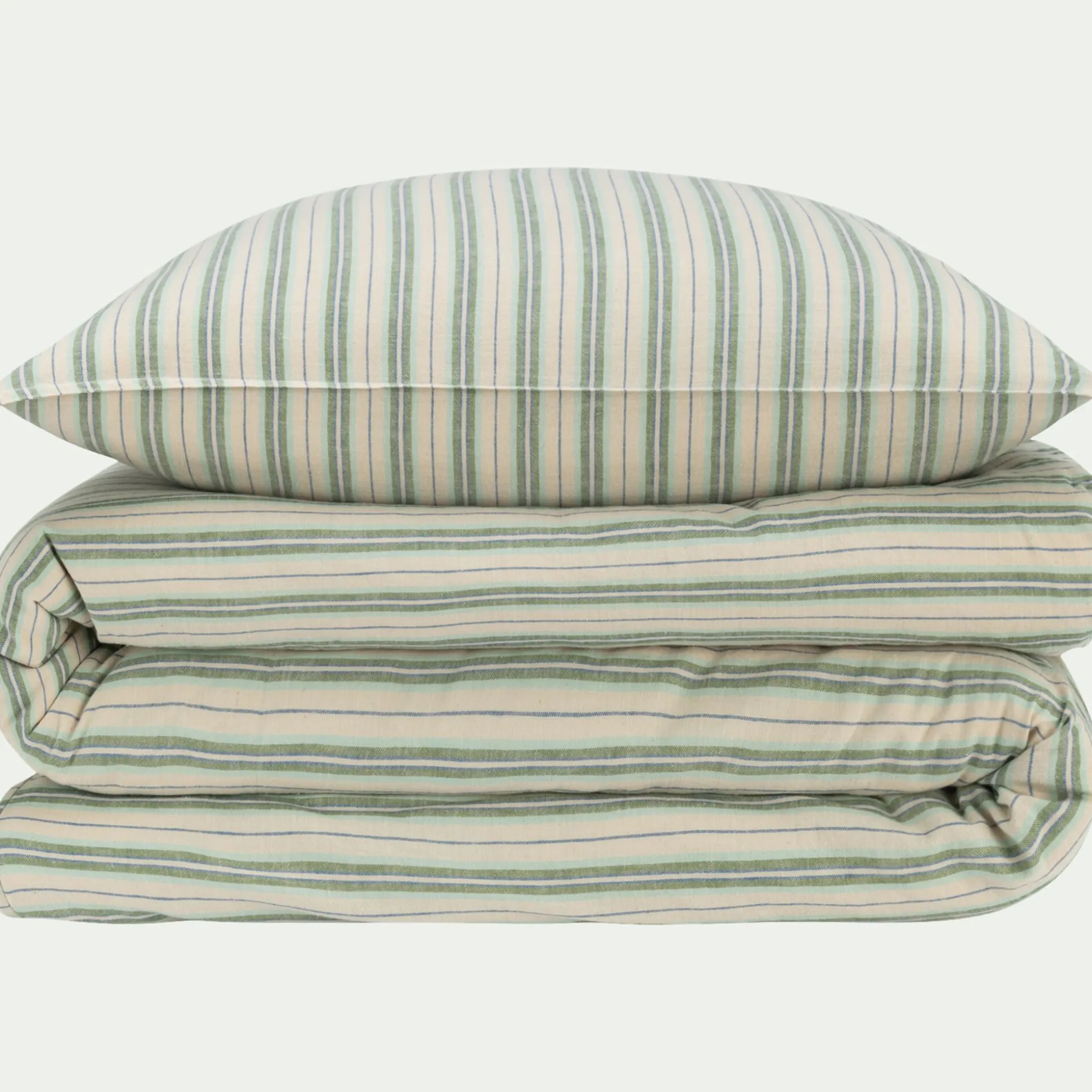 Housse de couette 240x220cm et 2 taies d'oreiller 63x63cm motif rayé en coton tissé teint lavé - bleu