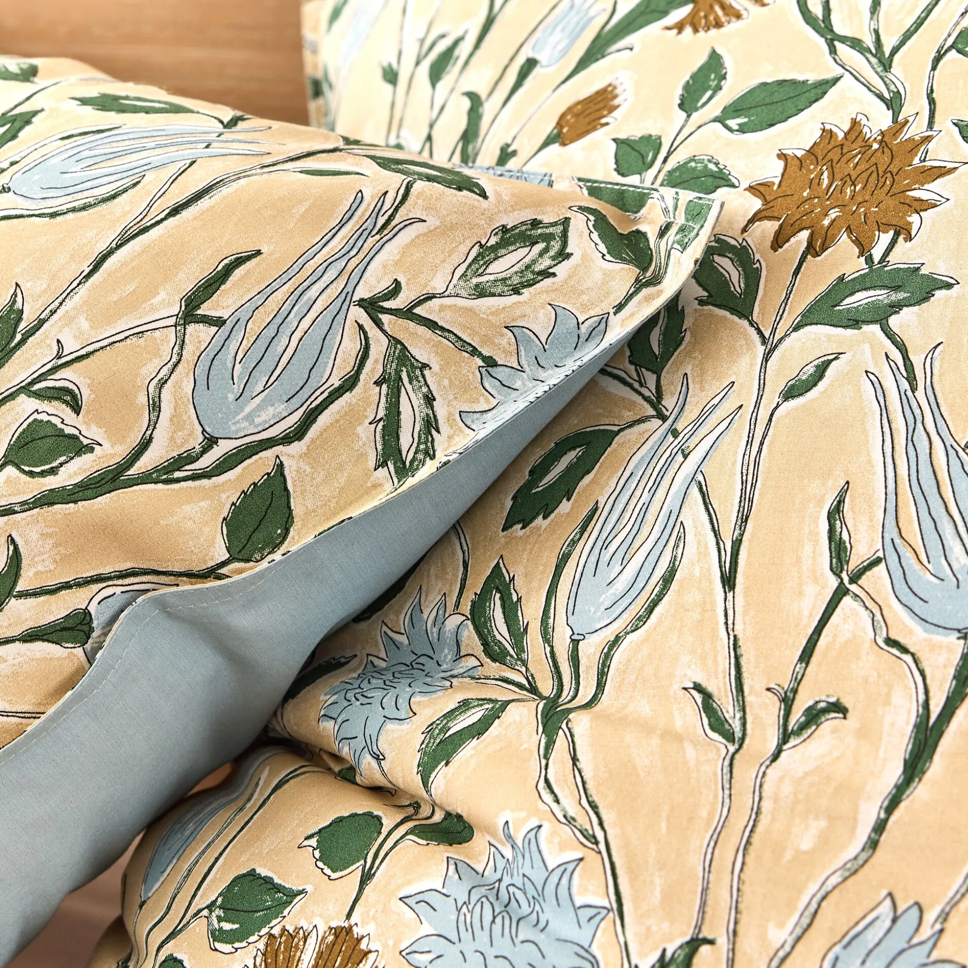 Housse de couette 240x220cm et 2 taies d'oreiller 63x63cm en percale de coton motif floral - bleu