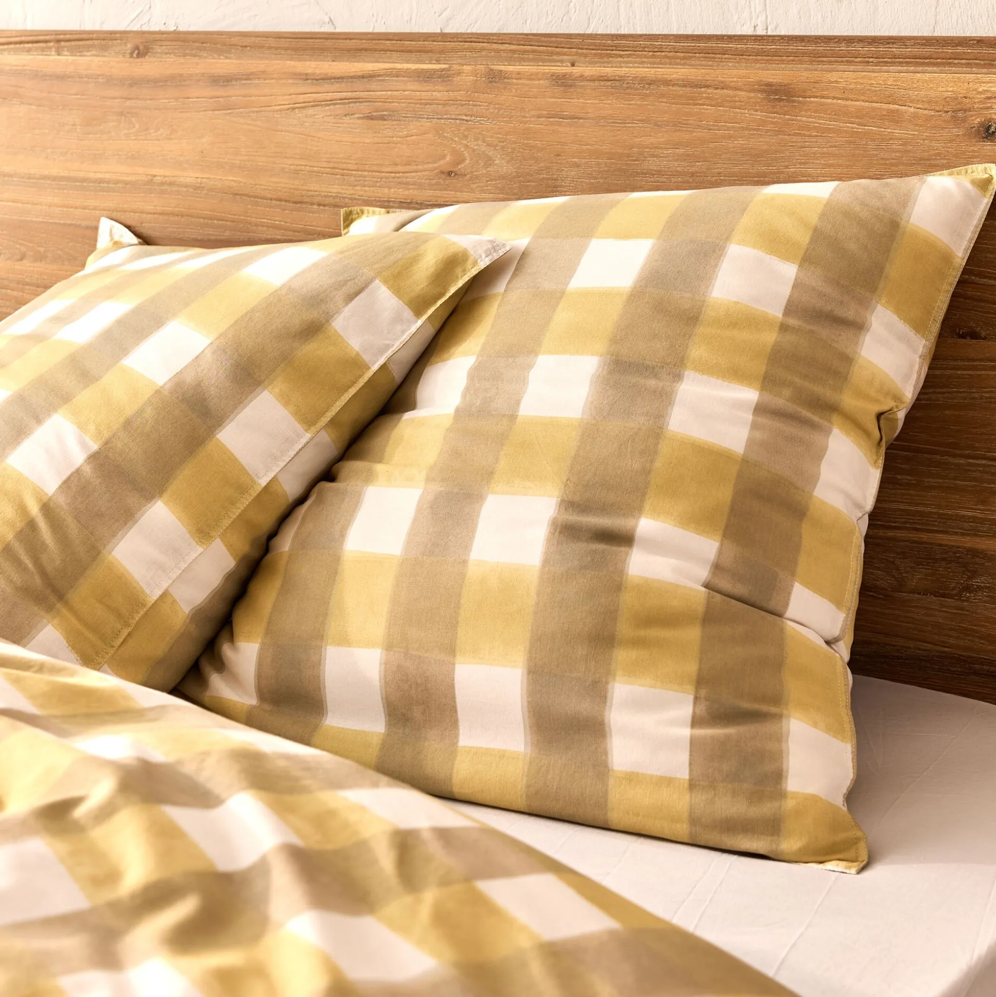 Housse de couette 240x220cm et 2 taies d'oreiller 63x63cm en coton lavé à motif carreaux - marron