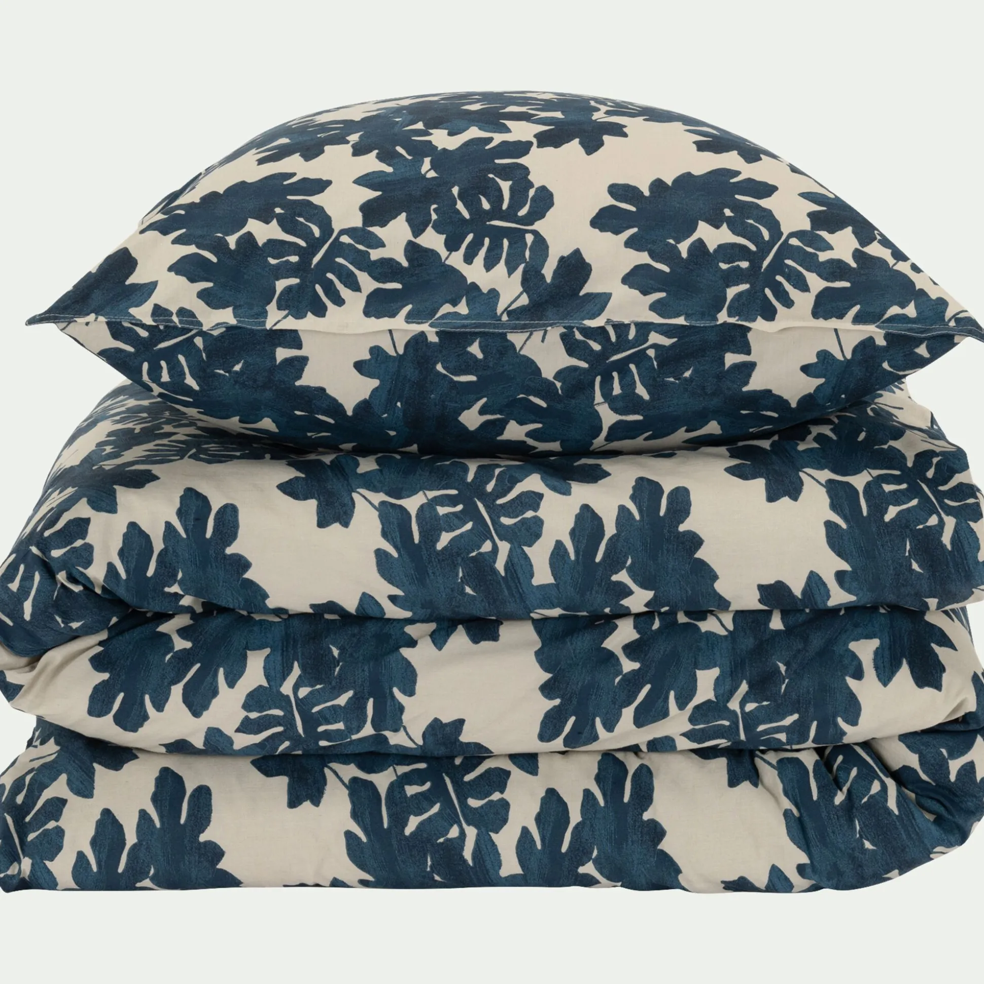 Housse de couette 260x240cm et 2 taies d'oreiller 63x63cm en coton avec motif feuilles - bleu
