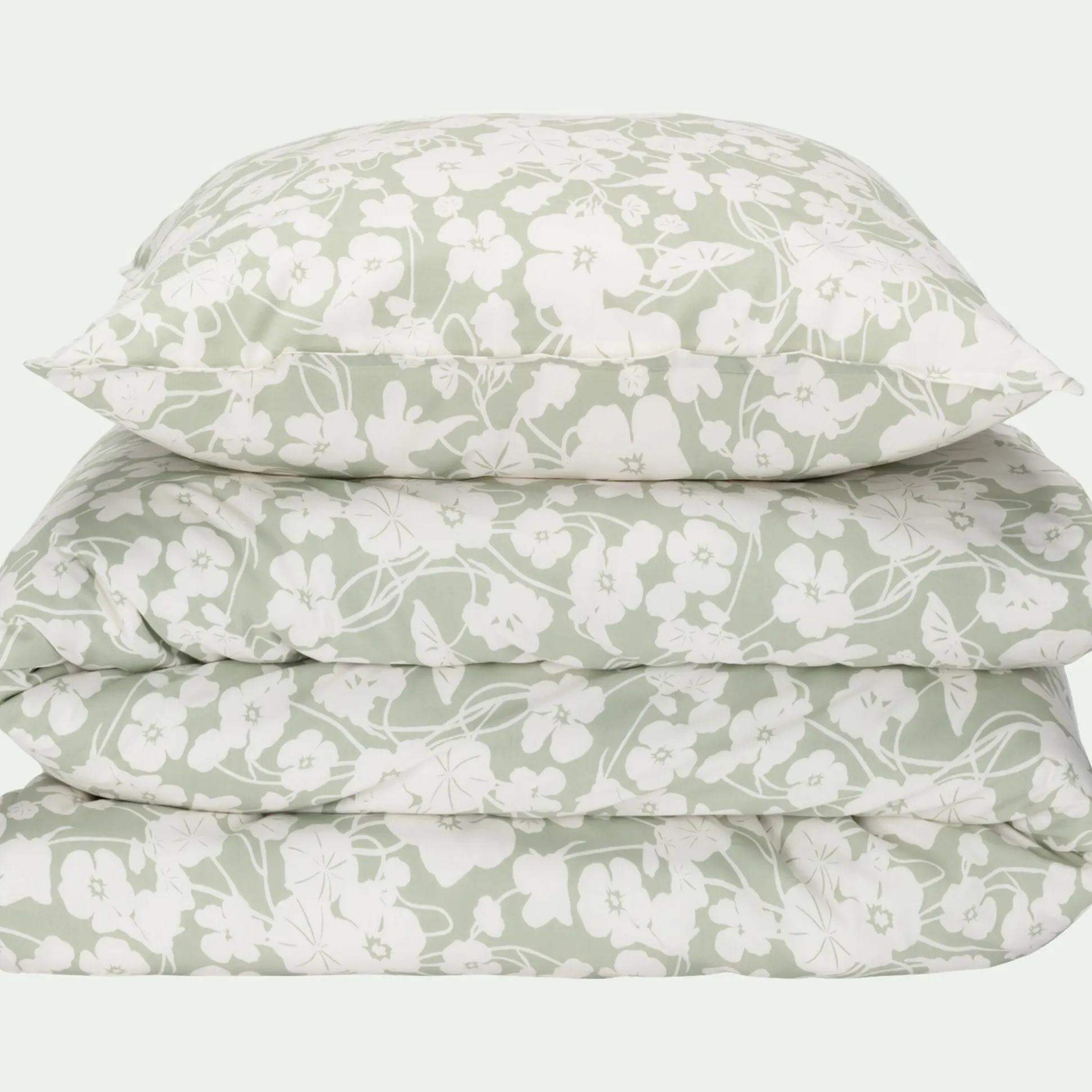 Housse de couette 240x220cm et 2 taies d'oreiller 63x63cm en coton motif floral - vert