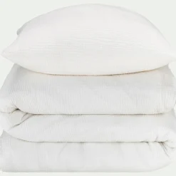 Housse de couette 260x240cm et 2 taies d'oreiller 63x63cm en double gaze de coton - blanc
