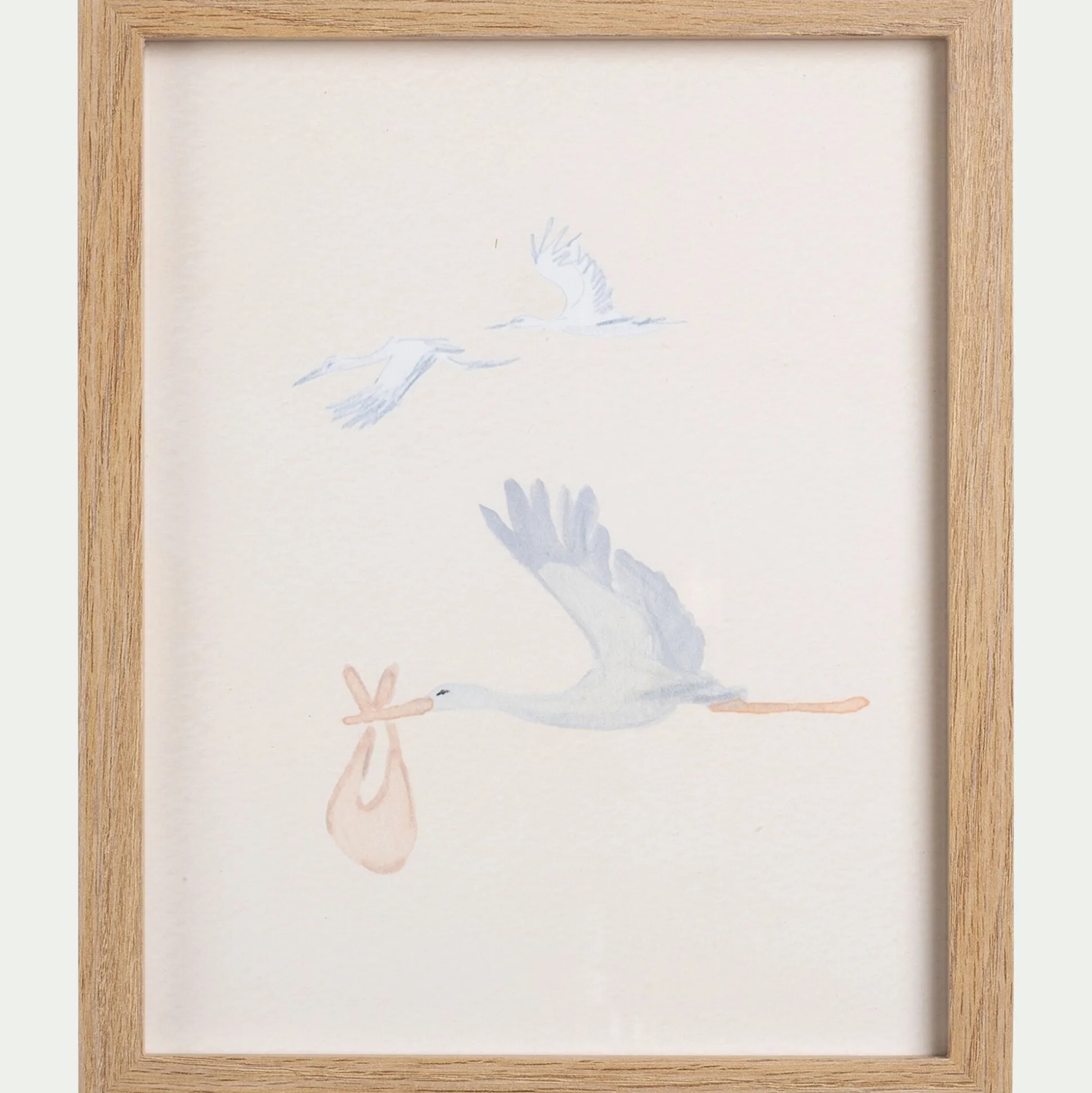 Illustration encadrée motif cigognes 22x27cm - bois clair