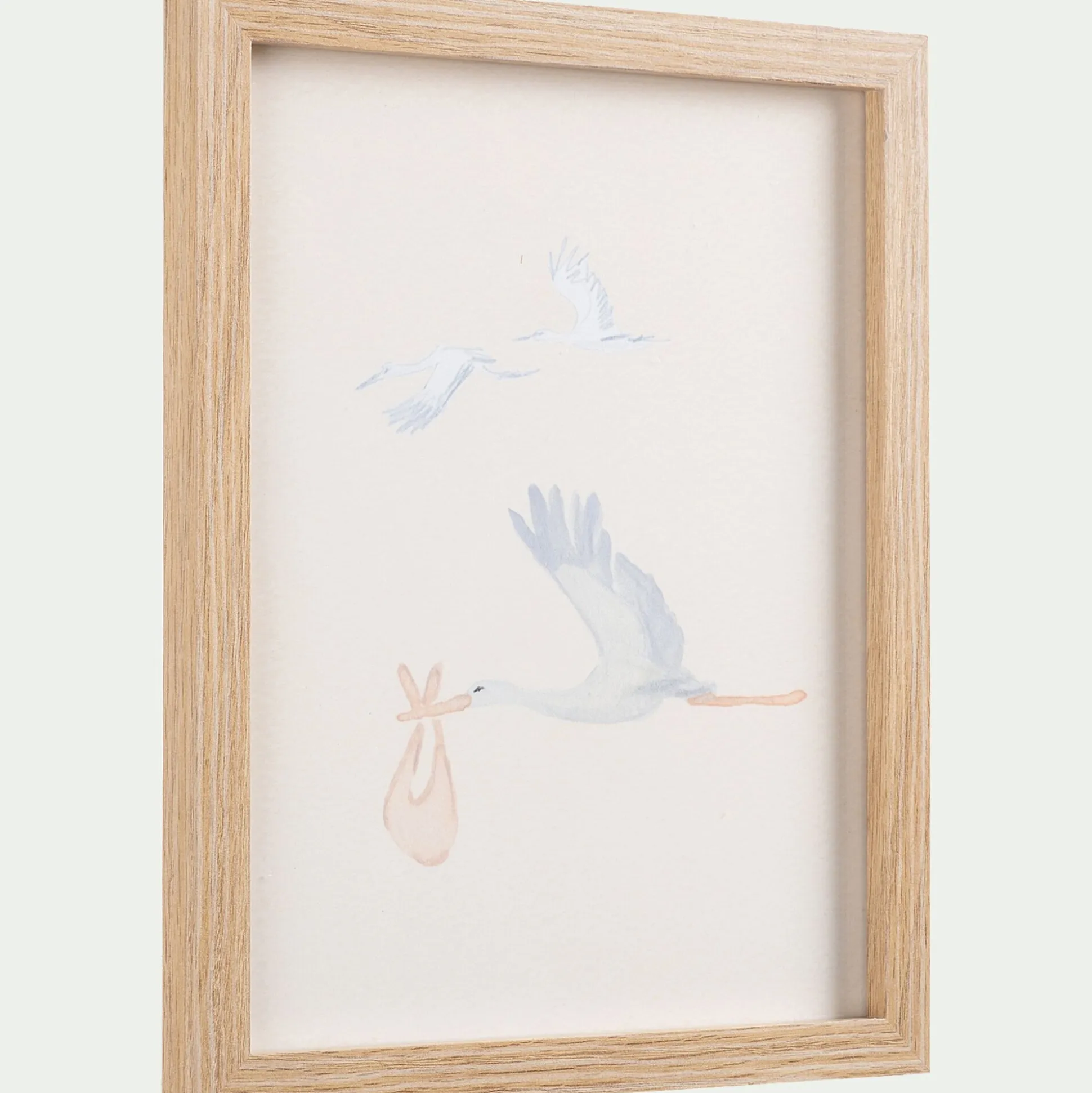 Illustration encadrée motif cigognes 22x27cm - bois clair