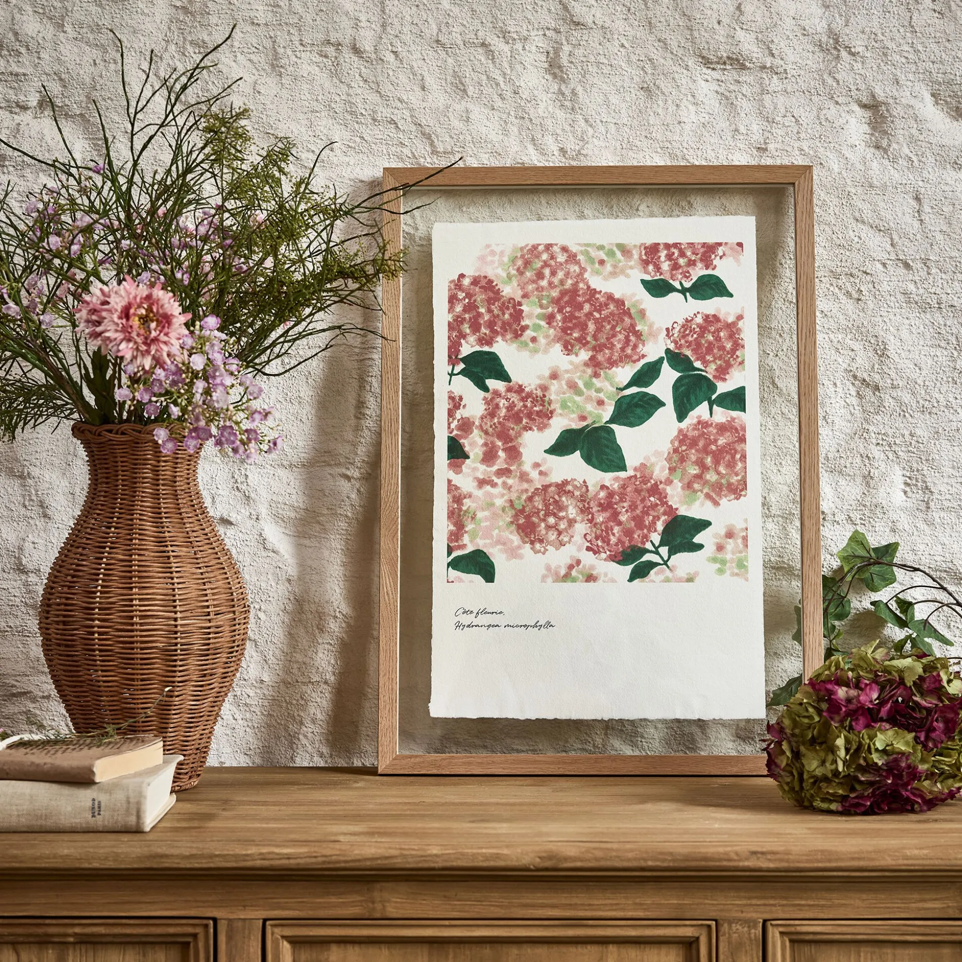 Image encadrée d'hortensias 45x63cm - rose