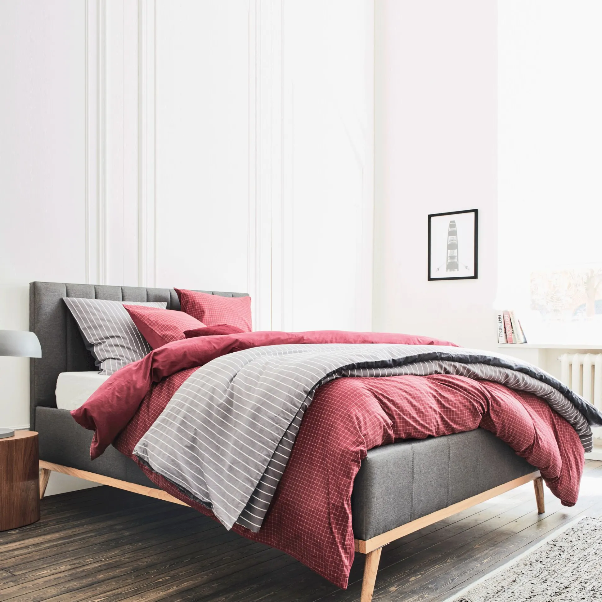 Lit-coffre 2 places recouvert de tissu - gris 160x200cm
