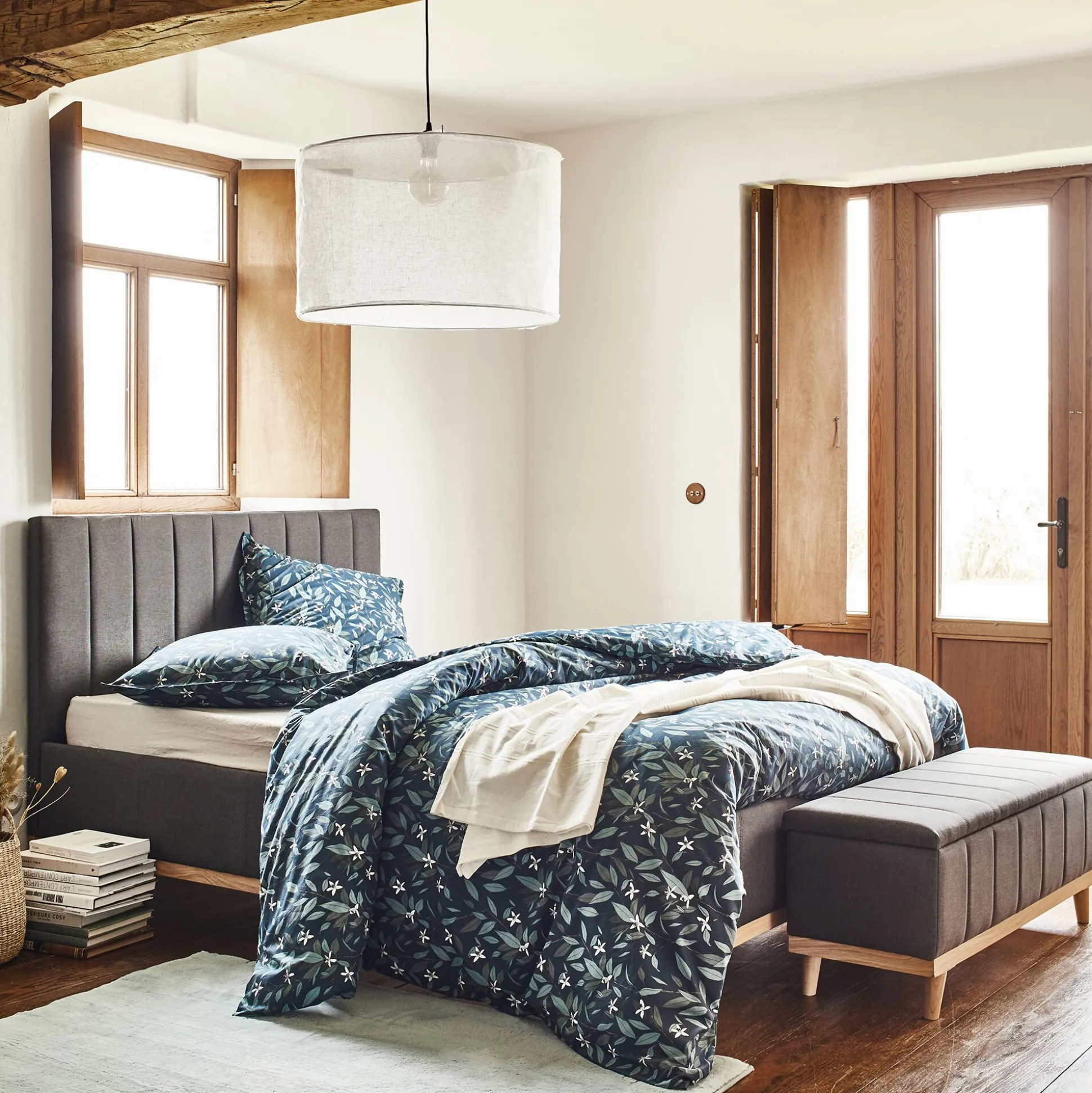 Lit-coffre 2 places recouvert de tissu - gris 160x200cm