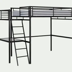 Lit mezzanine 2 places en acier avec bureau en verre - noir 140x200cm