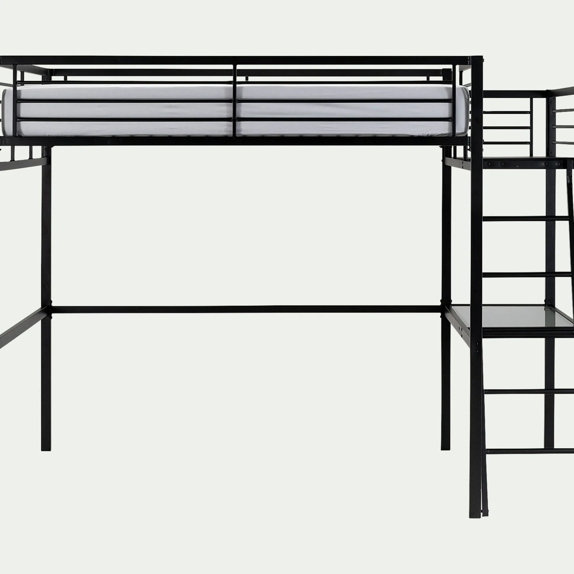 Lit mezzanine 2 places en acier avec bureau en verre - noir 140x200cm