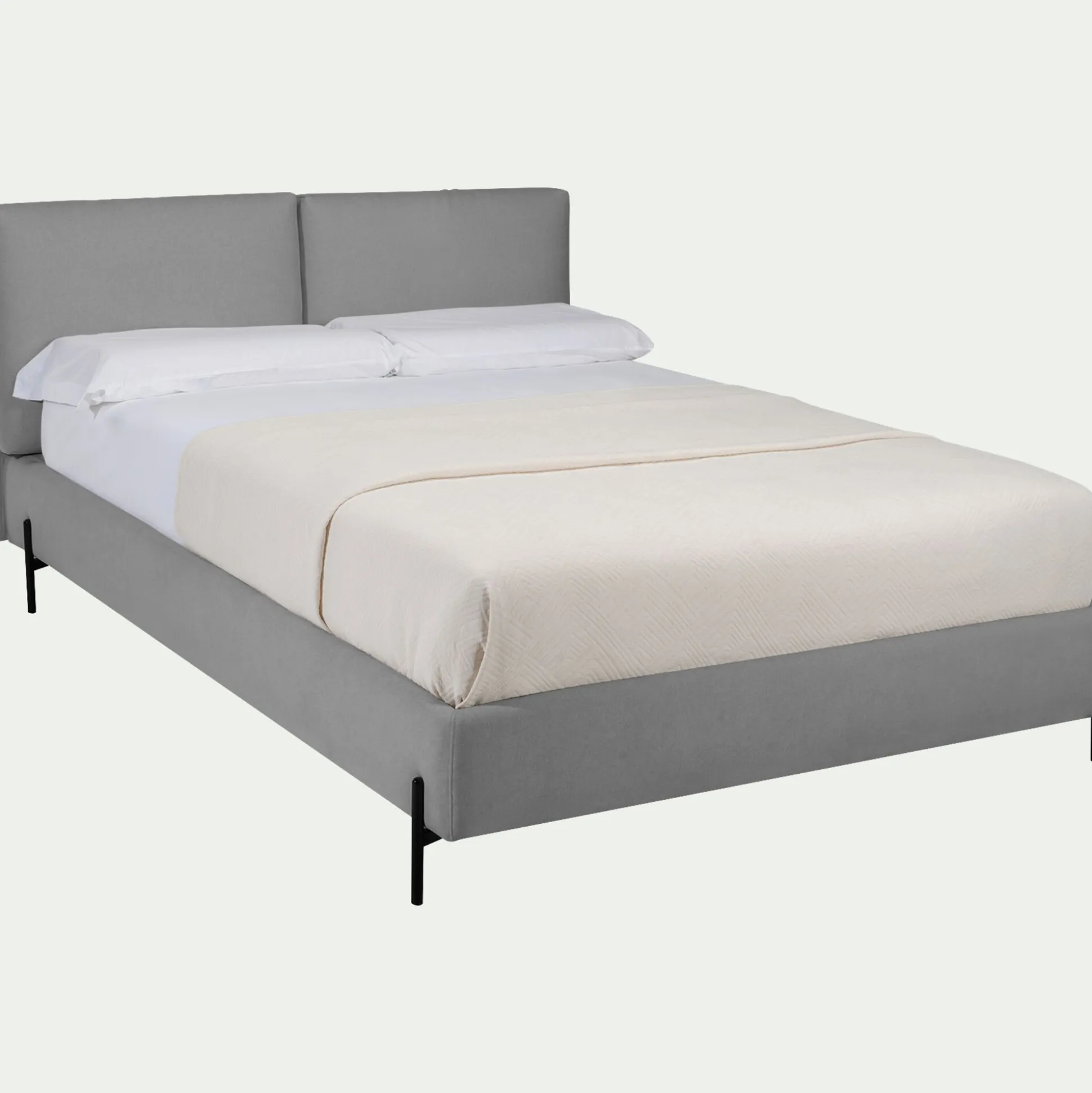 Lit 2 places avec tête de lit en tissu doux 140x200cm - gris borie