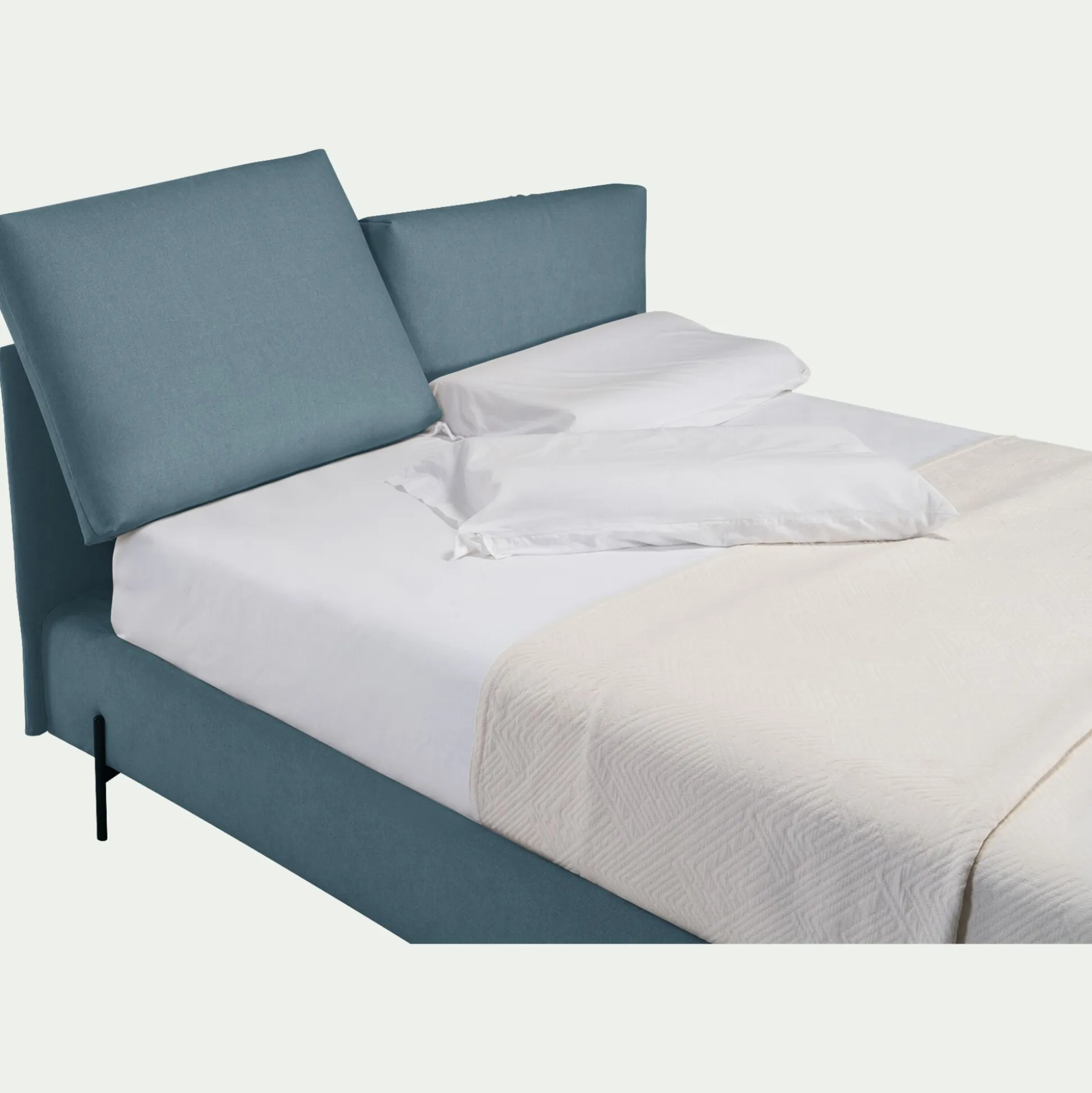 Lit 2 places avec tête de lit en tissu doux 160x200cm - bleu niolon