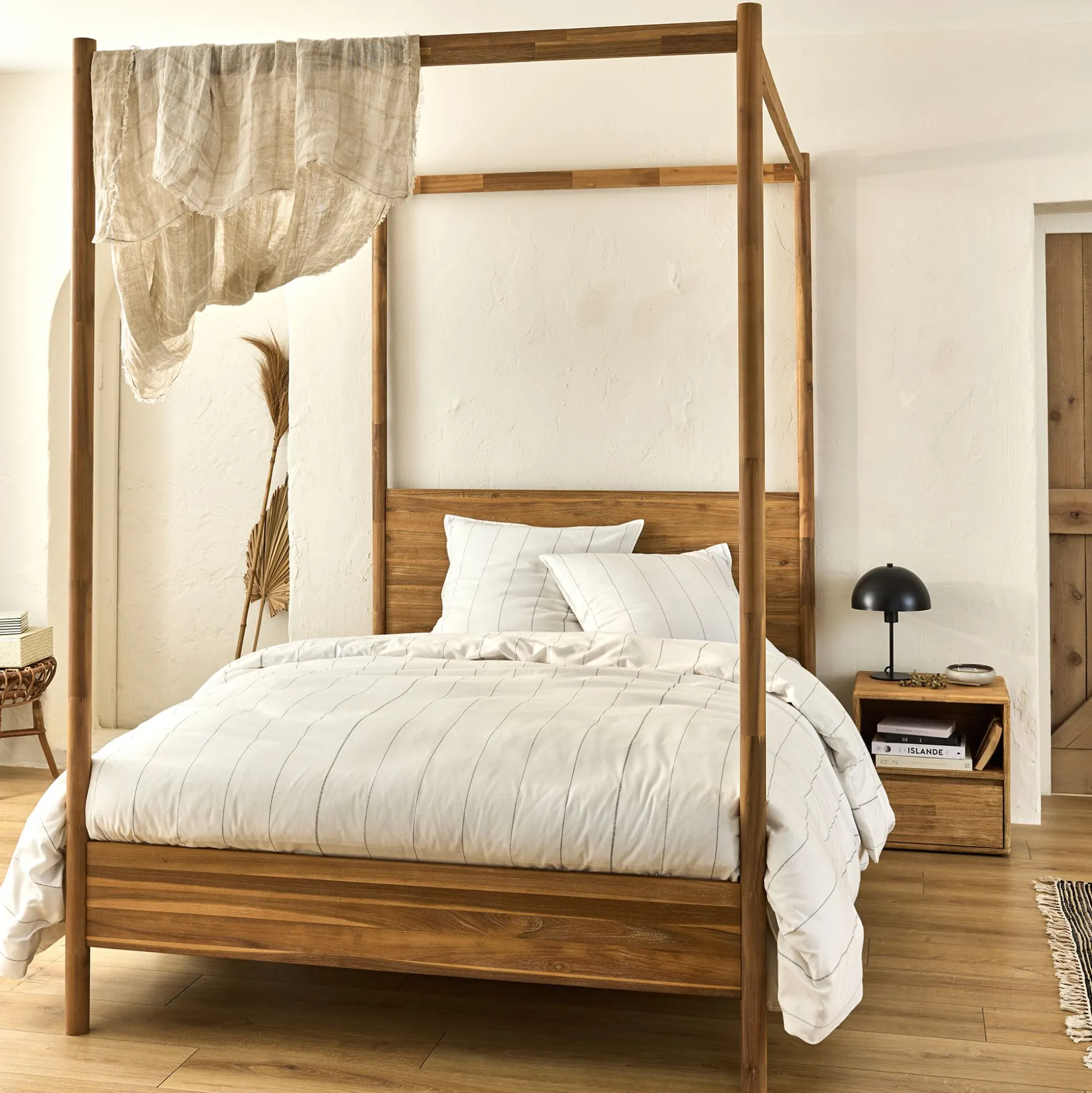 Lit 2 places à baldaquin en acacia massif 160x200cm - bois clair
