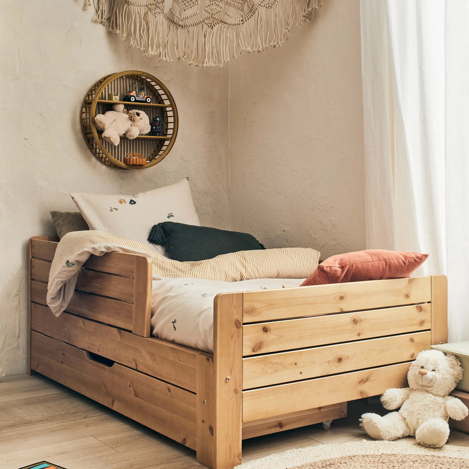Lit évolutif 1 place en pin massif 3 positions pour enfant avec tiroir - bois clair
