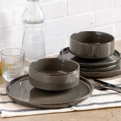 Lot de 4 assiettes plates en grès émail réactif D27cm - vert olivier
