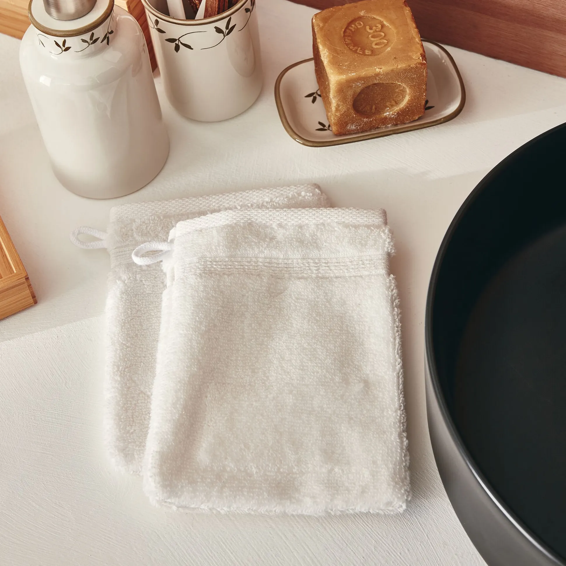 Lot de 2 gants de toilette bouclette en coton - blanc ventoux