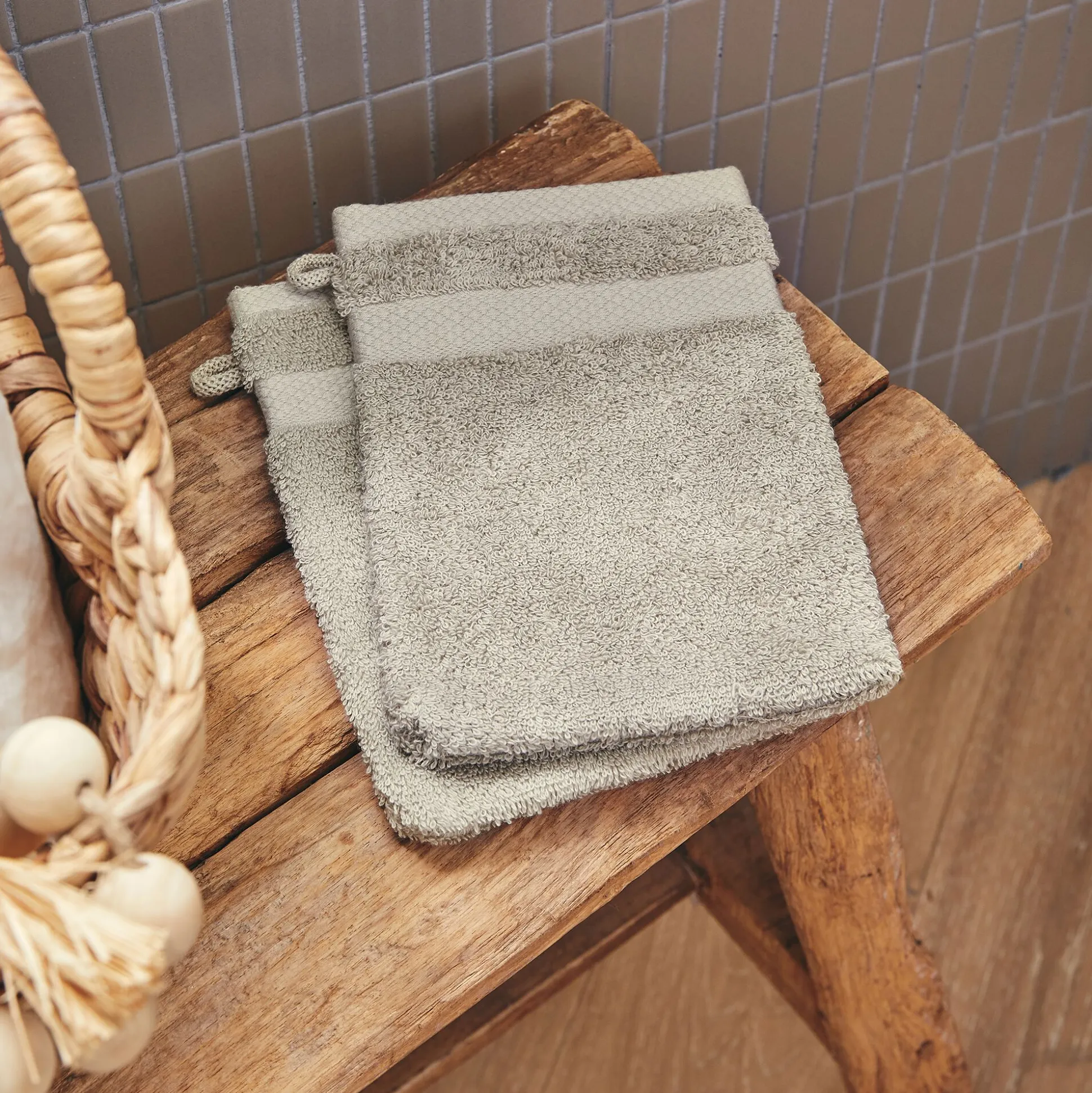 Lot de 2 gants de toilette en coton peigné - beige alpilles