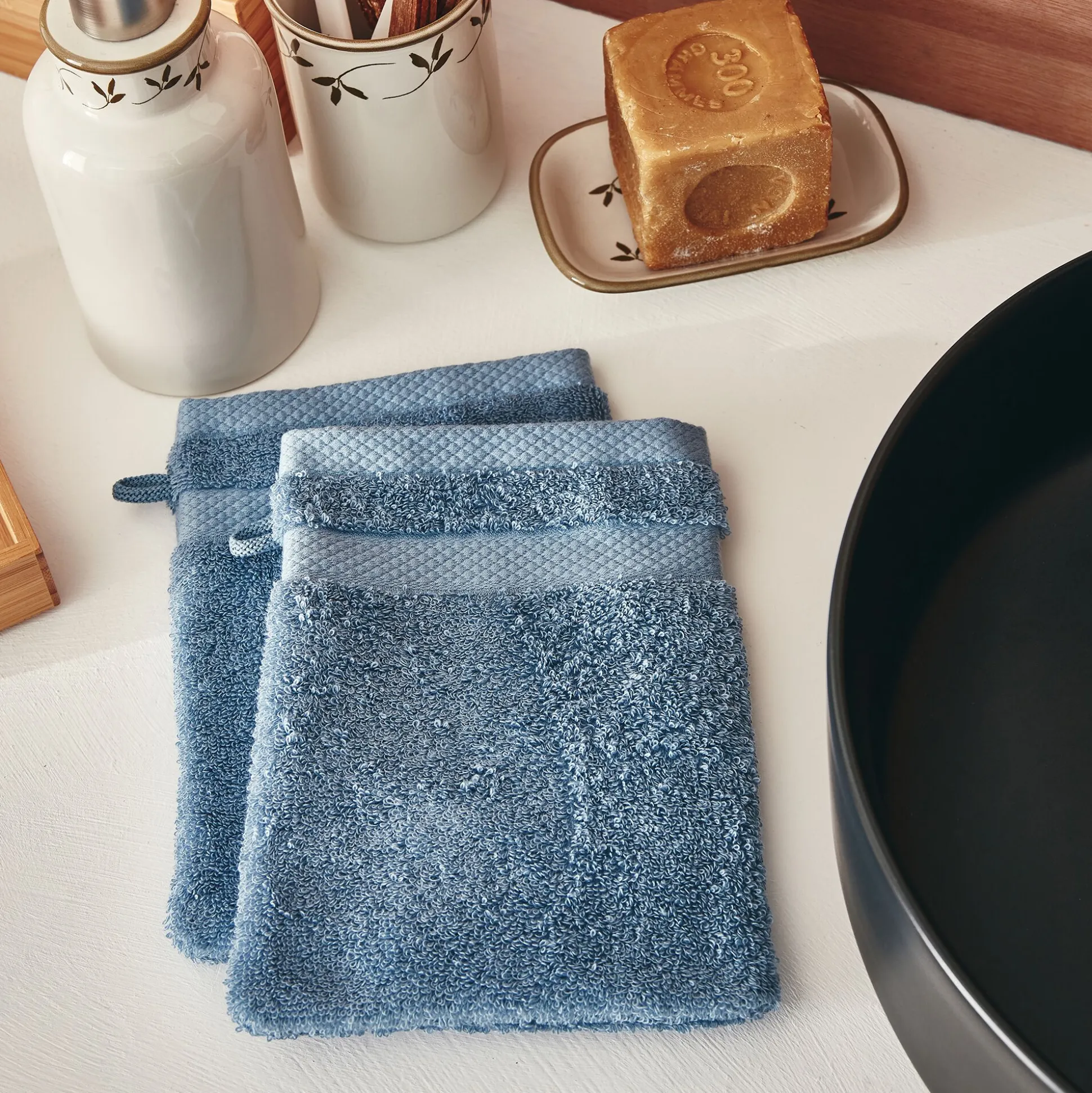 Lot de 2 gants de toilette en coton peigné - bleu autan
