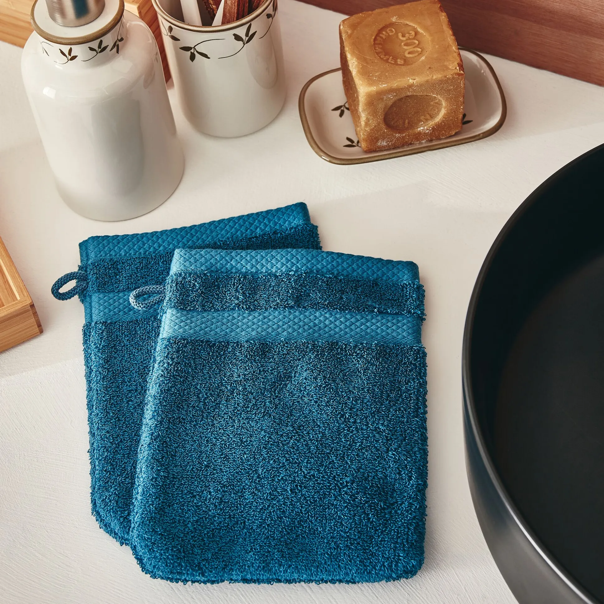 Lot de 2 gants de toilette en coton peigné - bleu figuerolles