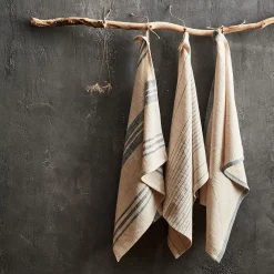 Lot de 3 torchons en coton beige et bleu