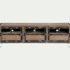 Meuble TV en pin, acier et verre - bois foncé L150xl45xH45cm