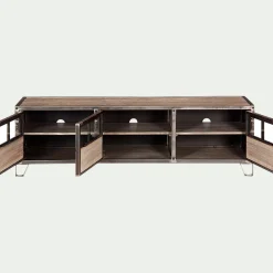 Meuble TV en pin, acier et verre - bois foncé L150xl45xH45cm