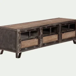 Meuble TV en pin, acier et verre - bois foncé L150xl45xH45cm