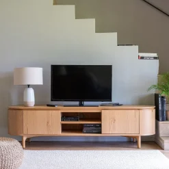 Meuble tv ovale en bois - bois clair L180xl45xH48cm