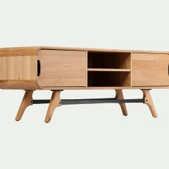 Meuble TV plaqué chêne avec piétement en métal - bois clair L165xH58cm
