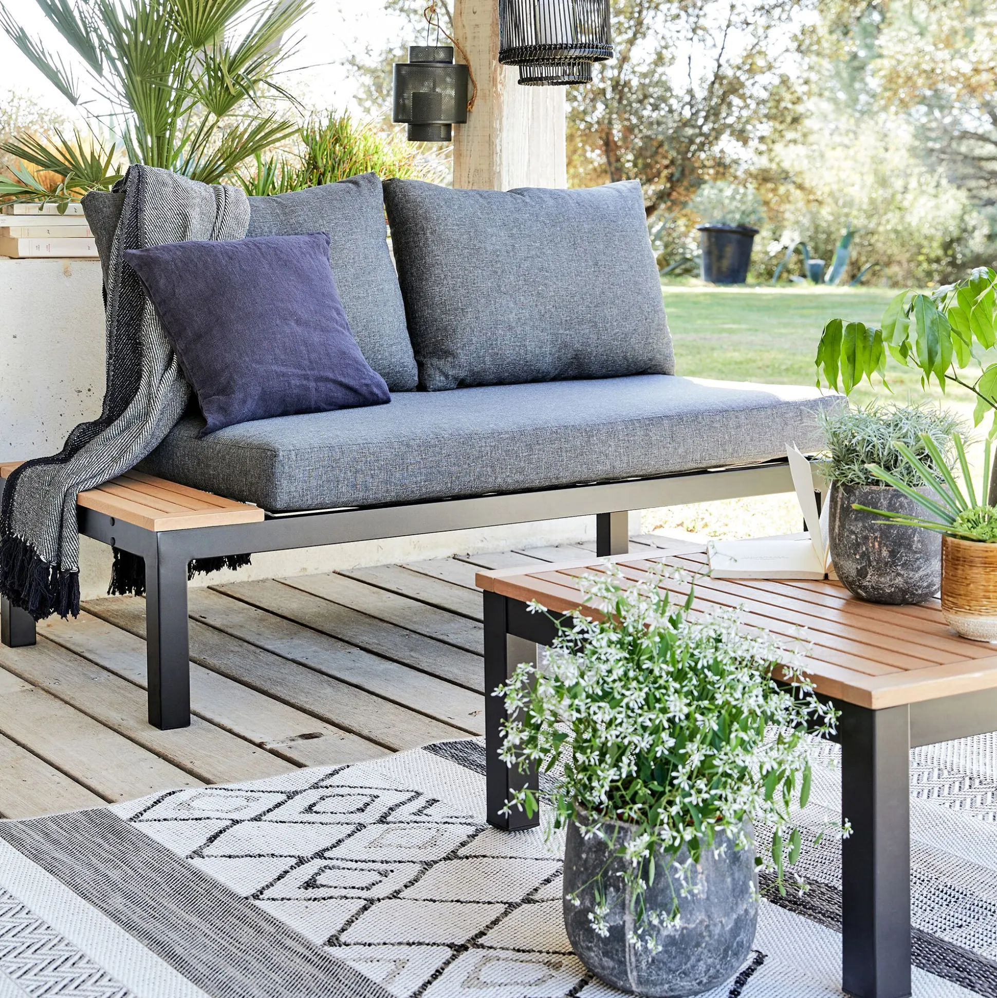 Méridienne de jardin en aluminium et eucalyptus - noir (2 places)
