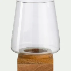 Photophore en verre et bois de manguier H30cm - naturel