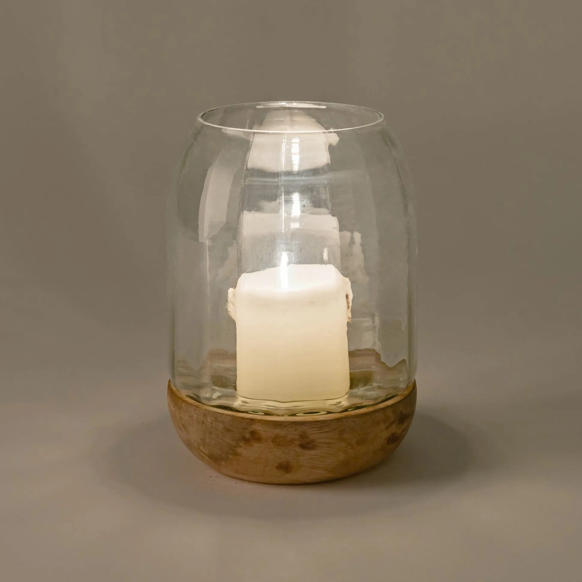 Photophore en verre et bois de manguier - transparent