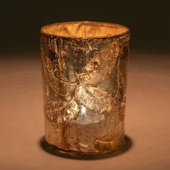 Photophore en verre motif houx D8xH10cm - doré