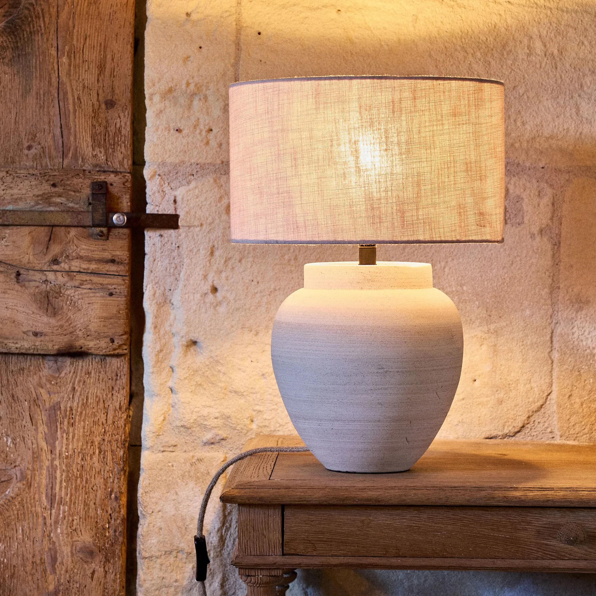 Pied de lampe électrifié en grès D24cm - beige