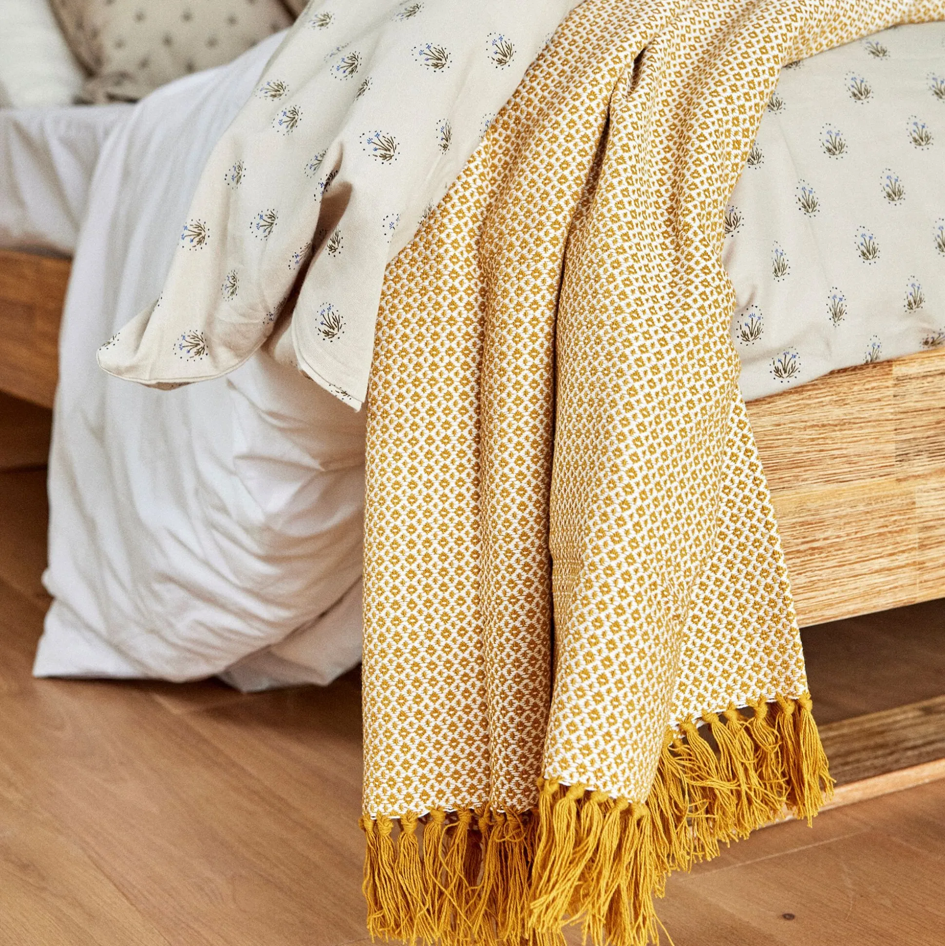 Plaid à franges et motifs en coton - jaune argan 130x170cm