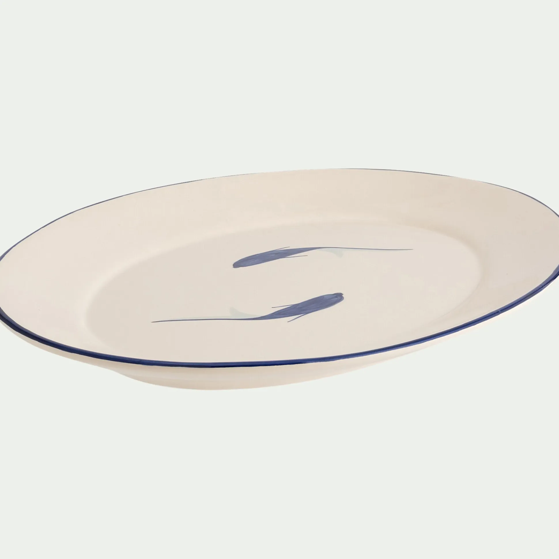 Plat de présentation ovale à motif poissons en faïence L40cm - blanc