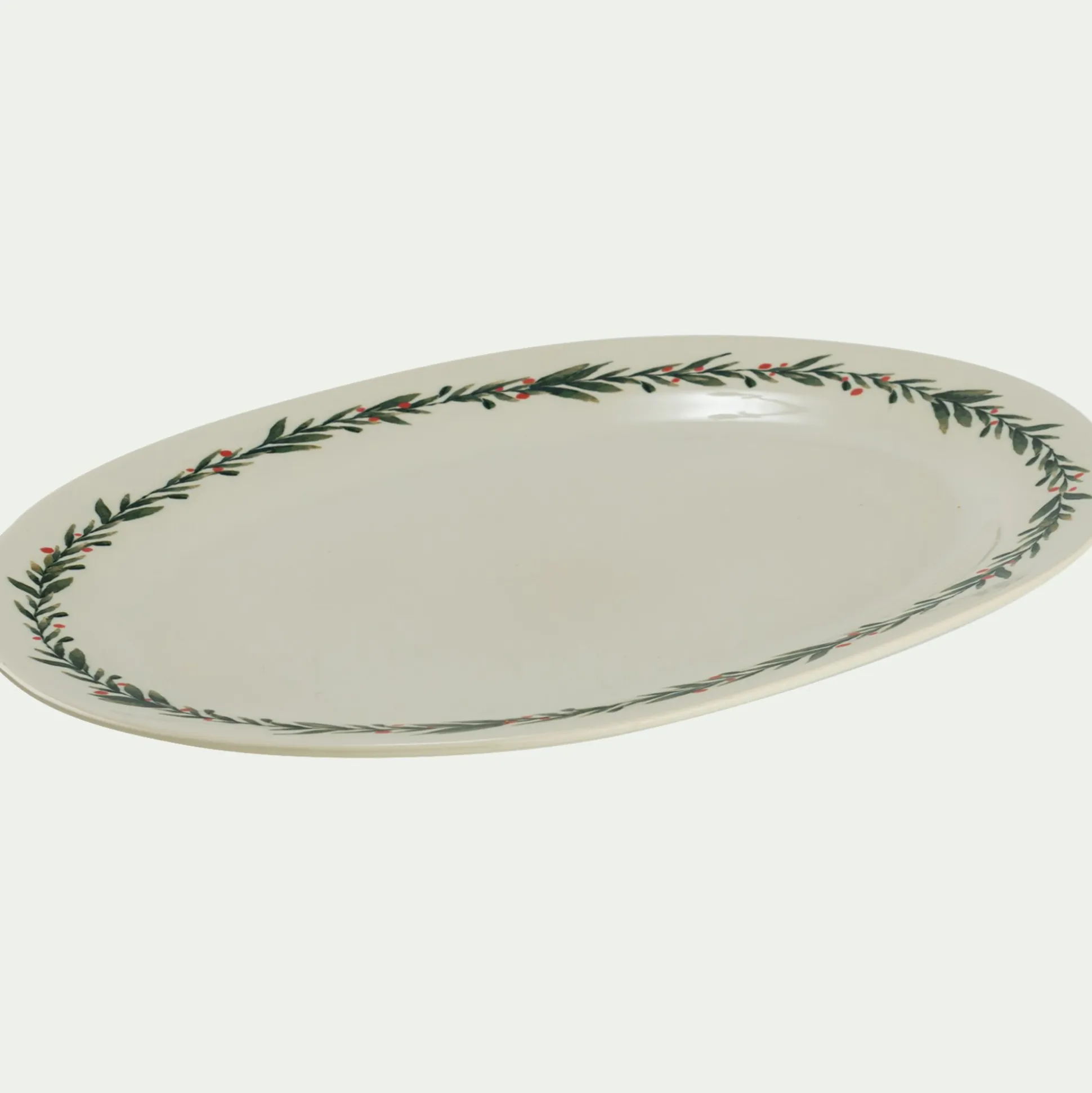 Plat ovale avec motif houx en grès L40cm - blanc