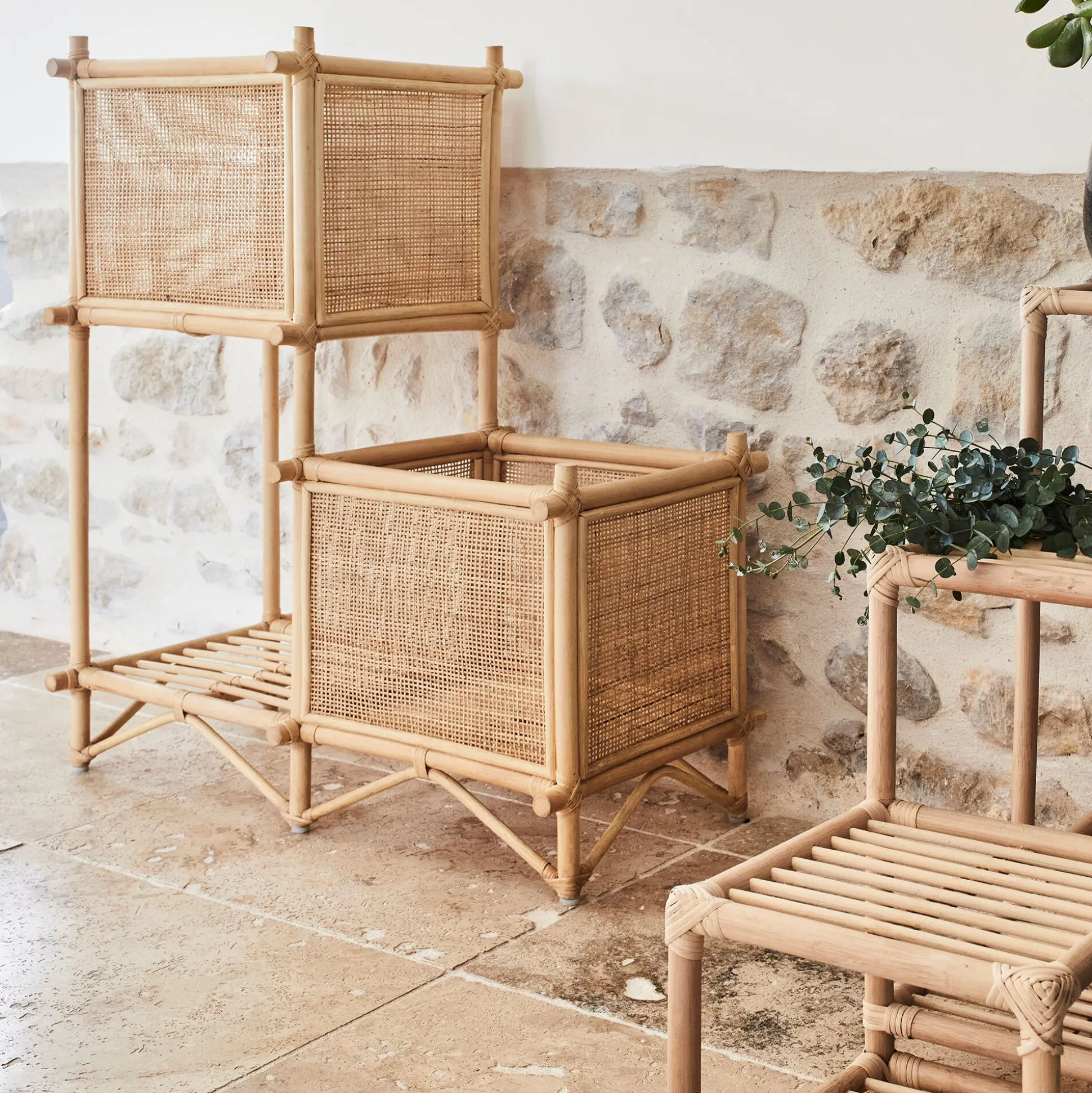 Porte-plante double sellette en rotin - naturel