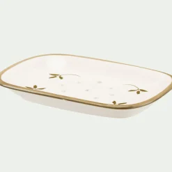Porte savon en grès à motifs feuilles - blanc