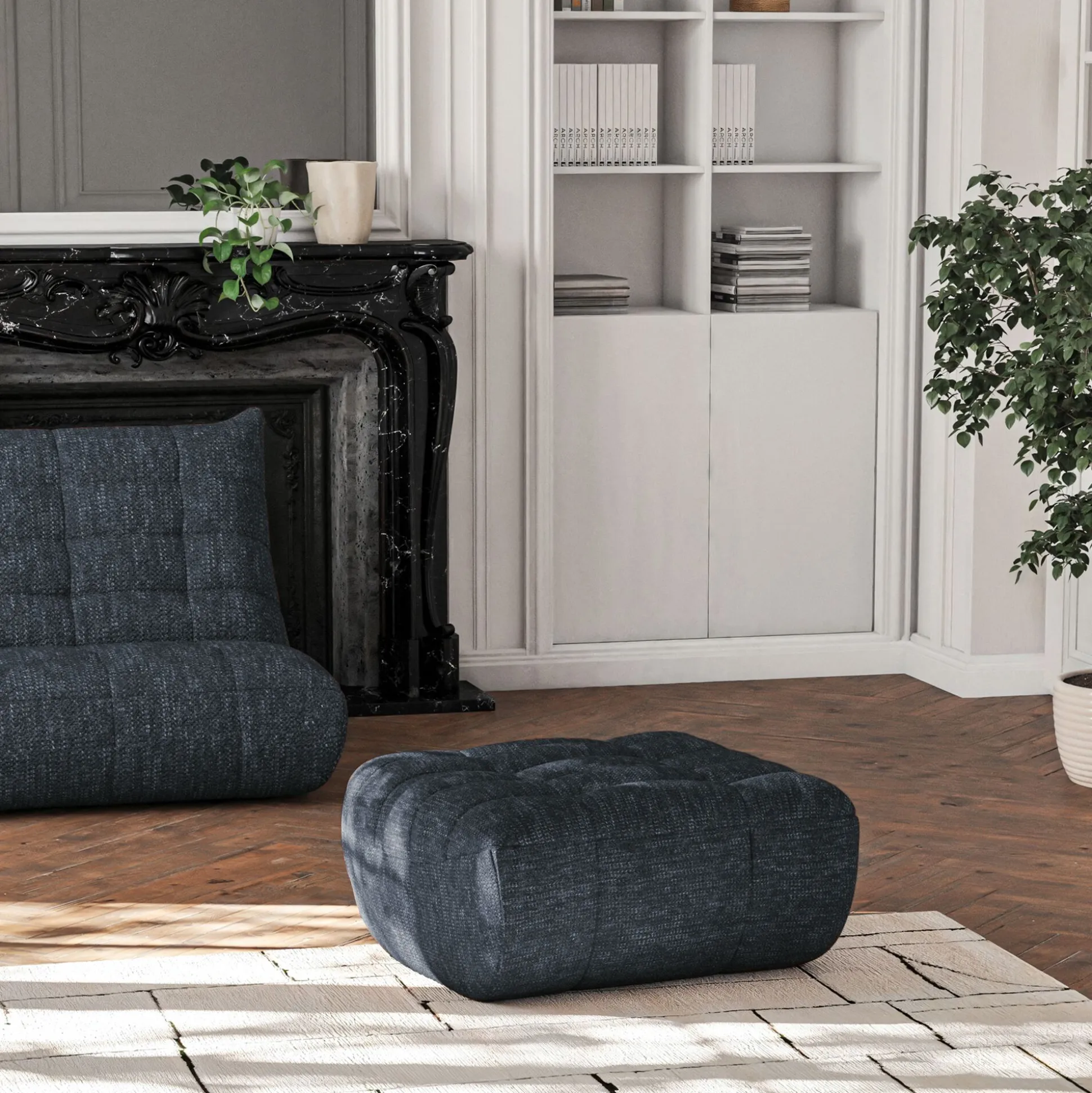 Pouf en tissu chenille - bleu marine