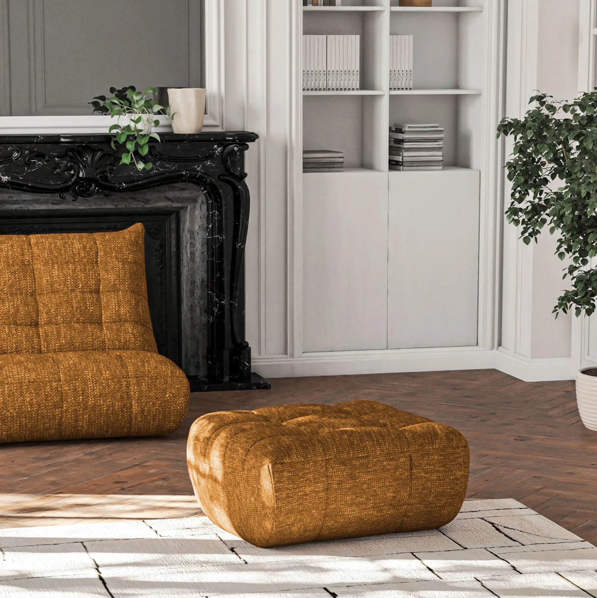 Pouf en tissu chenille - jaune argan