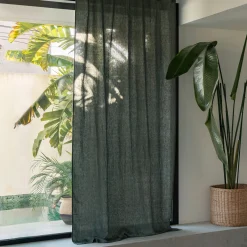 Rideau à passants cachés en lin lavé finition surpiqure 140x260cm - vert cèdre