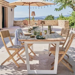 Salon de jardin repas en teck et aluminium - blanc (8 places)