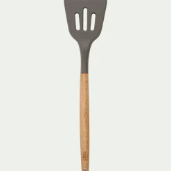 Spatule plate ajourée en bois et silicone - brun terre ombre