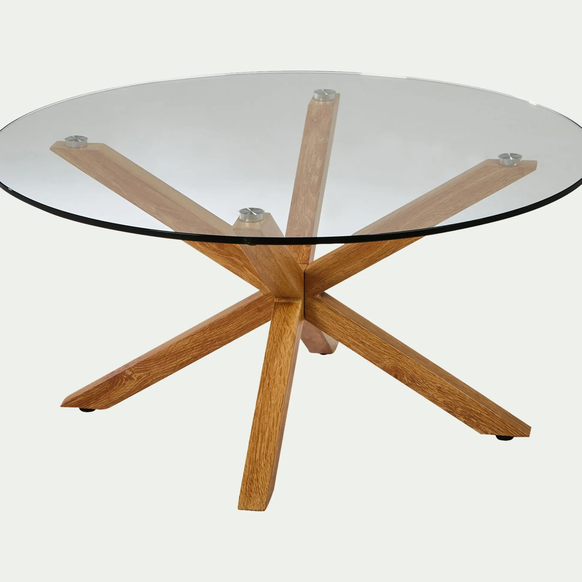 Table basse ronde en verre et piétement métal effet bois - transparent